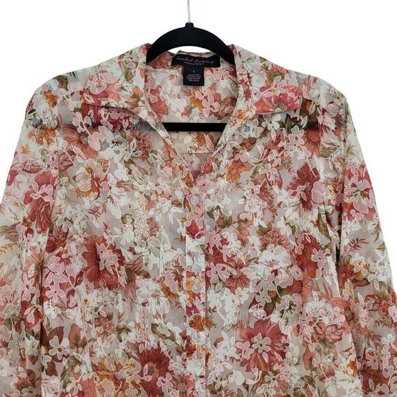 Womens Button Up Blouse S Pink Floral Sheer 3/4 Sleeve Collared Top Country - Picture 8 of 13